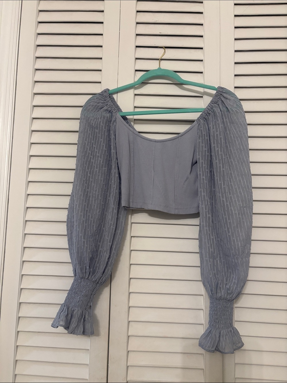 Urban Outfitters Dusty Blue Puff-Sleeve Smocked Crop Top